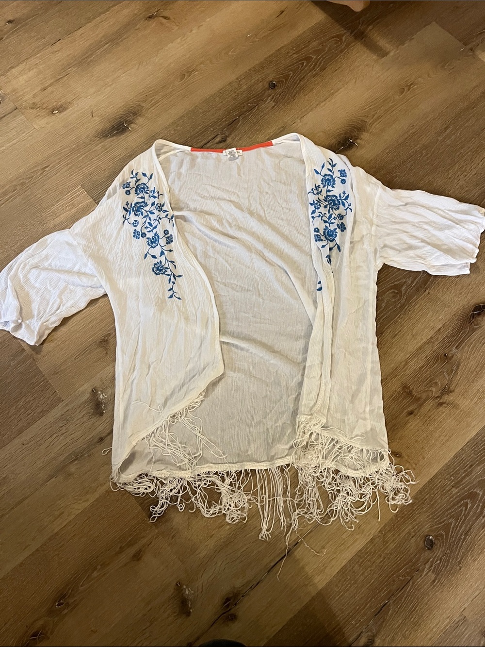 Women's White Embroidered Fringe Kimono Tunic - Blue Floral